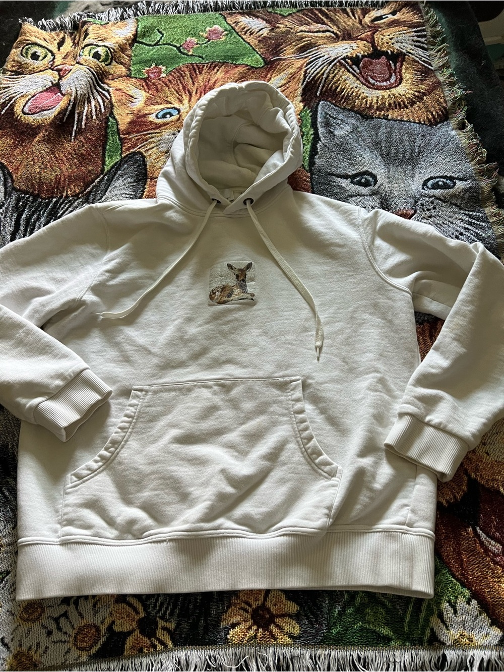 White Pullover Hoodie with Small Fawn Embroidery
